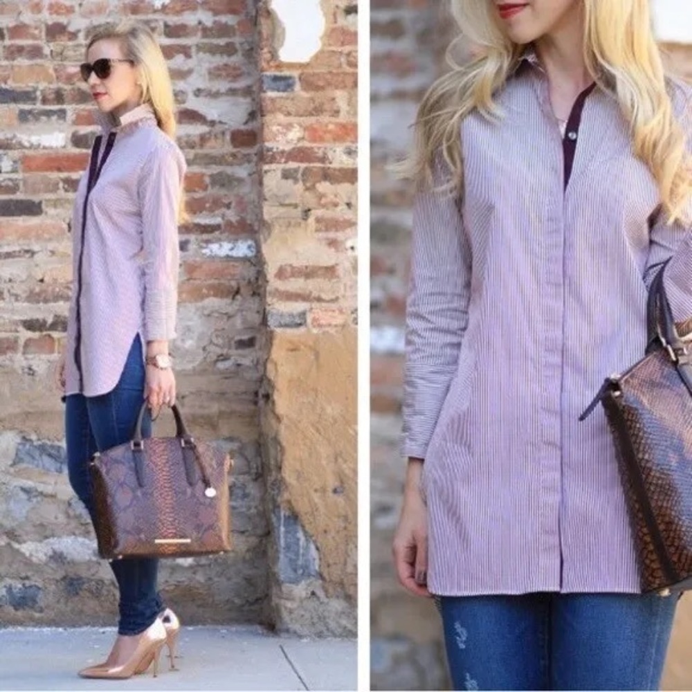 J Crew Burgundy Endless Shirt in Stripe Long Button Down Blouse